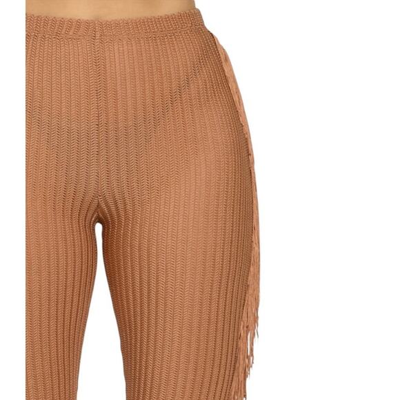 Side Fringe Knit Flare Leg Pants Size S Caramel Brown Sheer Cowgirl Costume NWT - Picture 2 of 15
